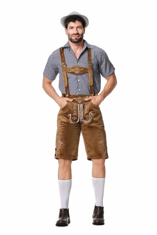 M-XXL Deutsches Oktoberfest Lederhosen Kostüm Kurzarm Kariertes Hemd Hosenträger Hut Set Bierfest Männlich Cosplay Halloween
