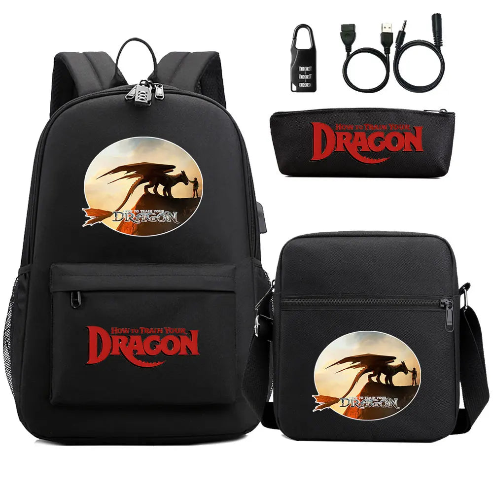 How to Train Your Dragon 3Pcs USB Anti-theft Lock Boy Girl Kids Back To School Book Bags Travel Backpack Shoulder Bag Pen Bags