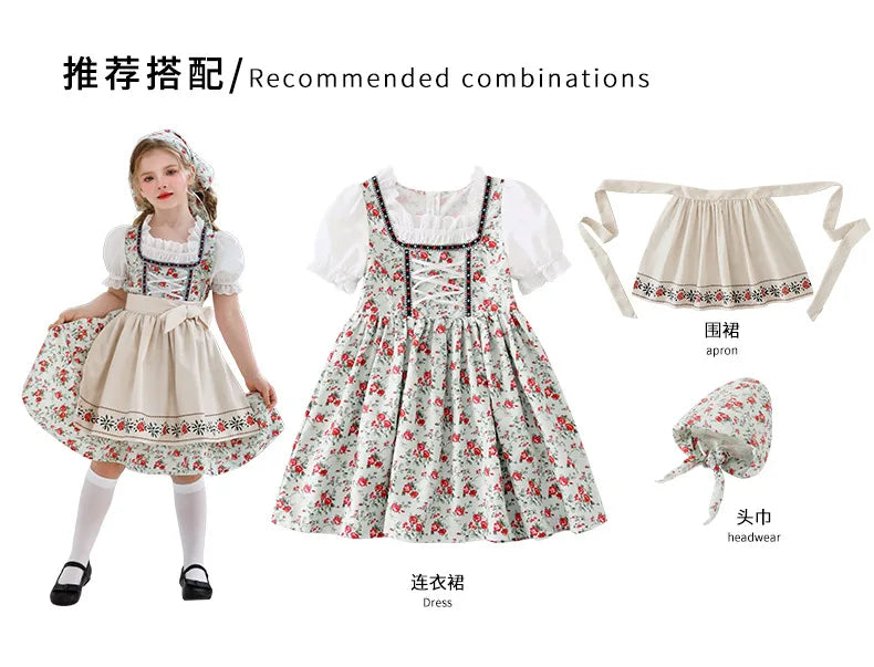 IOOTIANY Deutsches Münchner Oktoberfest Kinder Mädchen Blume Rüschen Spitze Lolita Pastoral Kleid Dienstmädchen Cosplay Performance Kostüm Set