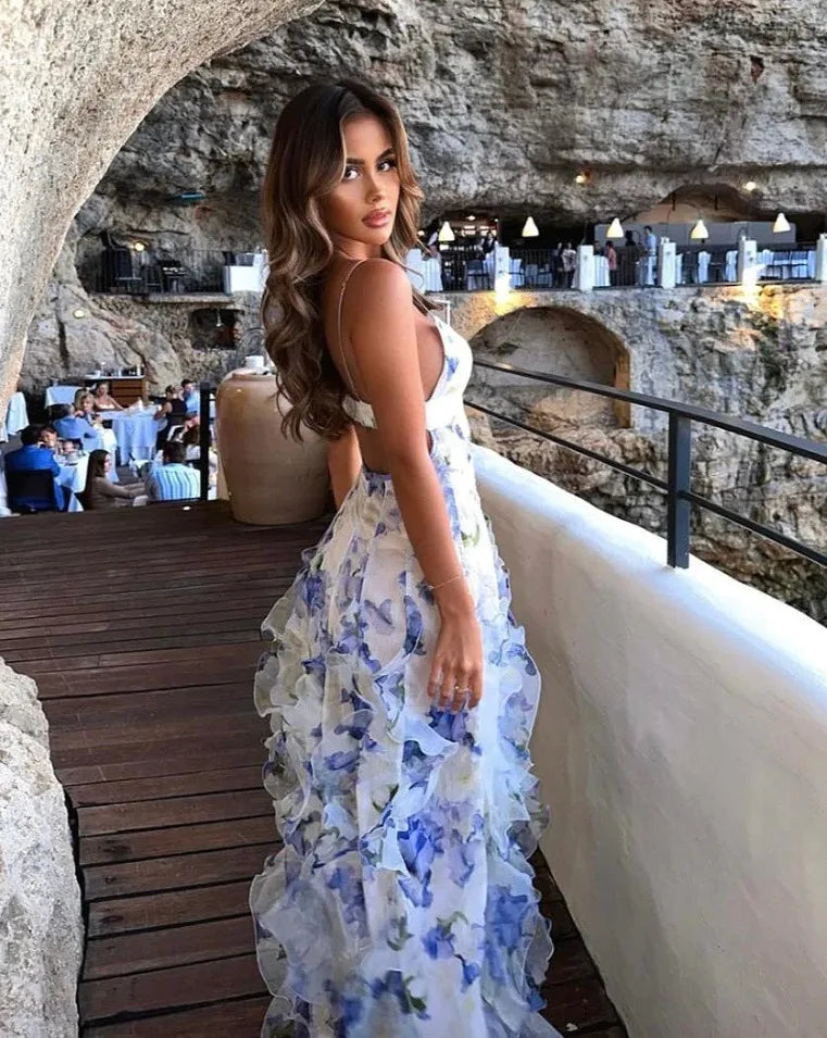 Damen 2025 Schulterfreies Abendkleid aus Organza, langes Abendkleid mit Blumendruck, fließendes A-Linien-Ball-Maxi-Sommerkleid