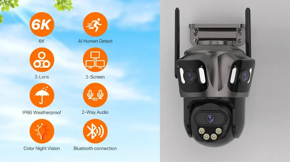 6K HD Outdoor Wifi PTZ Kamera Drei Objektiv 4K Dual Screen IP Kamera Auto Tracking Farbe Nacht Video Überwachung CCTV P2P iCsee
