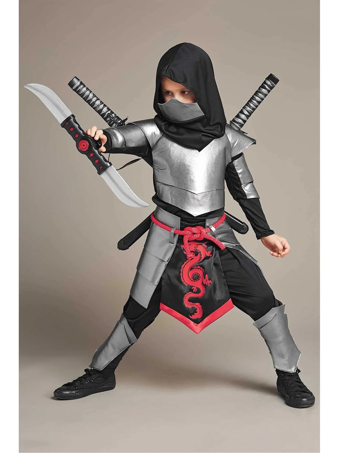 Jungen Schwarzes Skelett Totenkopf Ninja Kostüm Shinobi Schwert Katana Rucksack Set Kinder Silber Drachen Ninja Halloween Kostüm