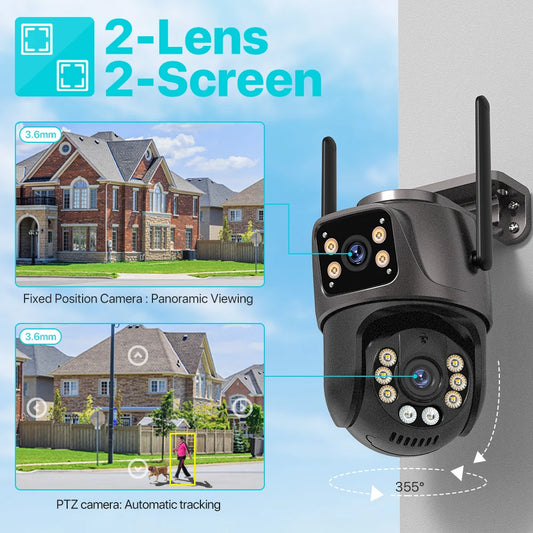 4K 8MP HD Wifi PTZ-Kamera für den Außenbereich, 4MP, Doppelobjektiv, Doppelbildschirm, AI-Auto-Tracking, IP-Kamera, CCTV, Audio-Videoüberwachung, P2P, iCSee