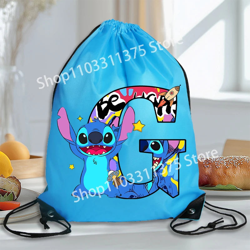 Stitch Disney Waterproof Drawstring Bag Letter A-Z Cartoon Shoes Underwear Travel Sport Bags Nylon Clothes Packing Backpack Gift