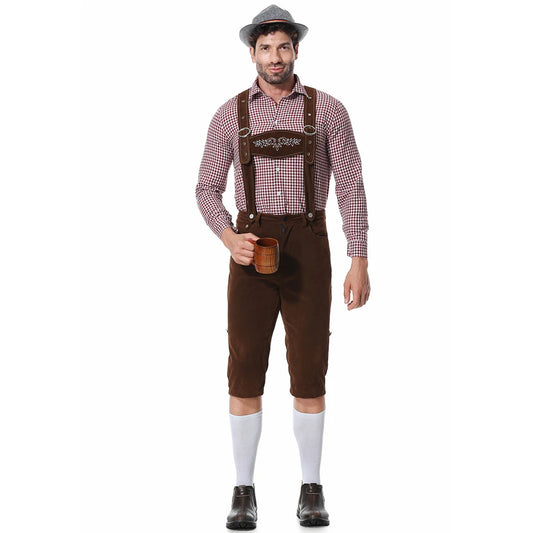 Dreiteiliges Set Oktoberfest Lederhosen Kostüm für Herren Bayerische Deutsche Bierfeste Hosenträger Hemd Hut Cosplay Bier Outfits