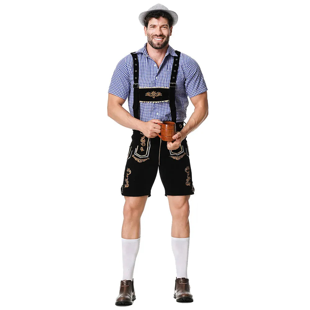 Männliches Oktoberfest-Lederhosenkostüm Bayerisches Oktoberfest-Deutsches Bierkostüm Hemd Hosenträger Shorts Hut Cosplay-Kostüme