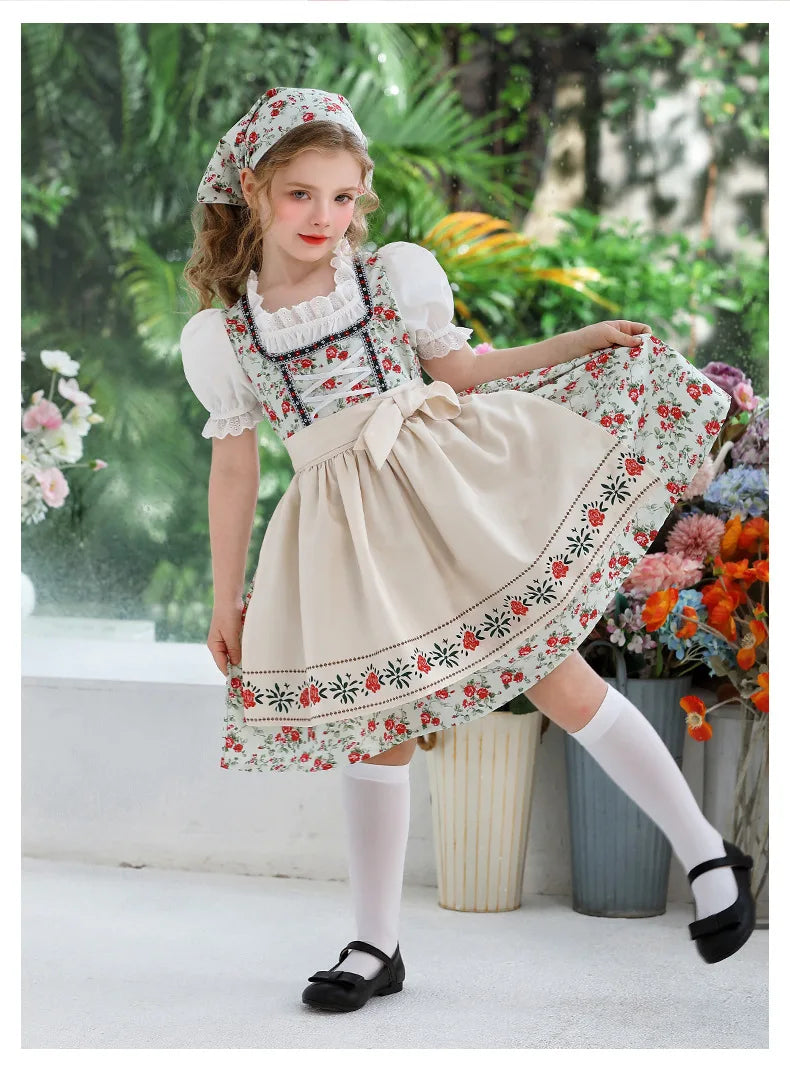 IOOTIANY Deutsches Münchner Oktoberfest Kinder Mädchen Blume Rüschen Spitze Lolita Pastoral Kleid Dienstmädchen Cosplay Performance Kostüm Set