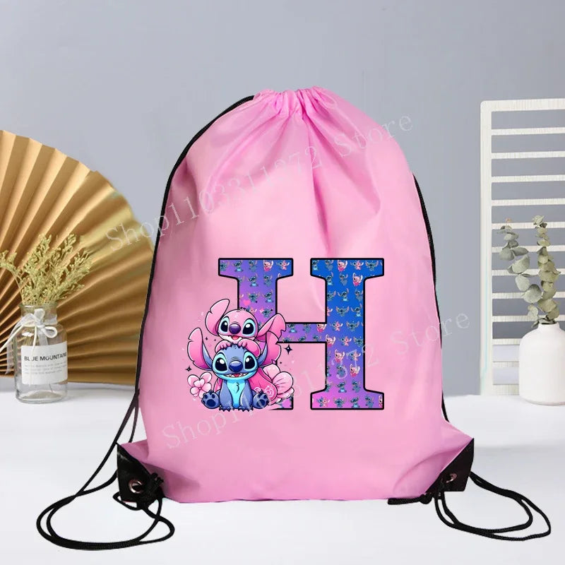 Disney Stitch Drawstring Bag Letter A-Z Printed Girl Kids Adult Gym PE Kit Sack Dance Portable Waterproof Light Travel Pouch Bag