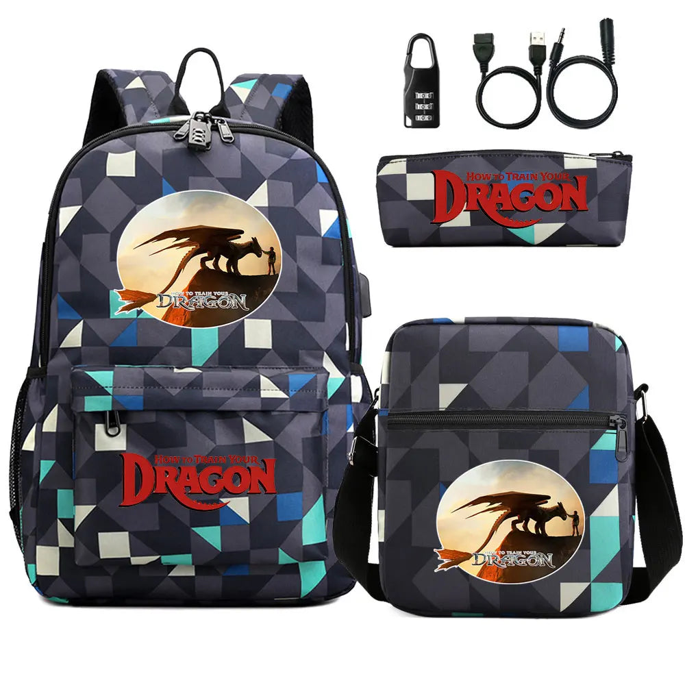 How to Train Your Dragon 3Pcs USB Anti-theft Lock Boy Girl Kids Back To School Book Bags Travel Backpack Shoulder Bag Pen Bags
