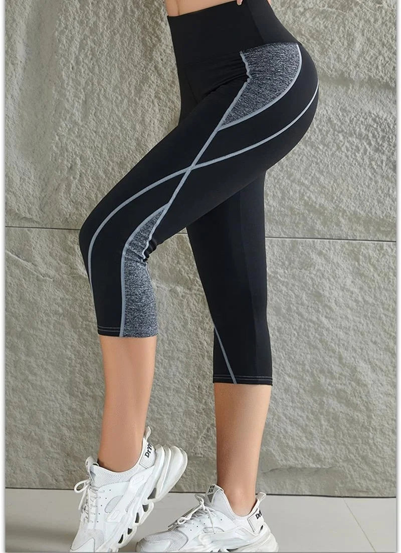 Damen-Yoga-Leggings mit Farbblock, hohe Taille, Patchwork, wadenlang, für Laufsport, Stretch, enge Hose