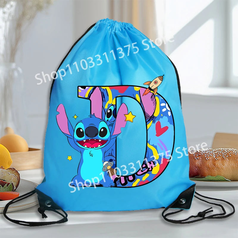 Stitch Disney Waterproof Drawstring Bag Letter A-Z Cartoon Shoes Underwear Travel Sport Bags Nylon Clothes Packing Backpack Gift