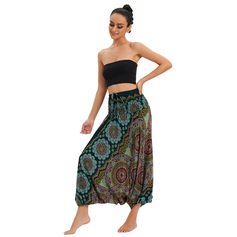 Bohemian Hosen Frauen Pantalones Mujer Hippie Hohe Taille Rayon Harem Baggy Boho Yoga Strand Tragen Gießen Femme Calca Feminina Gedruckt