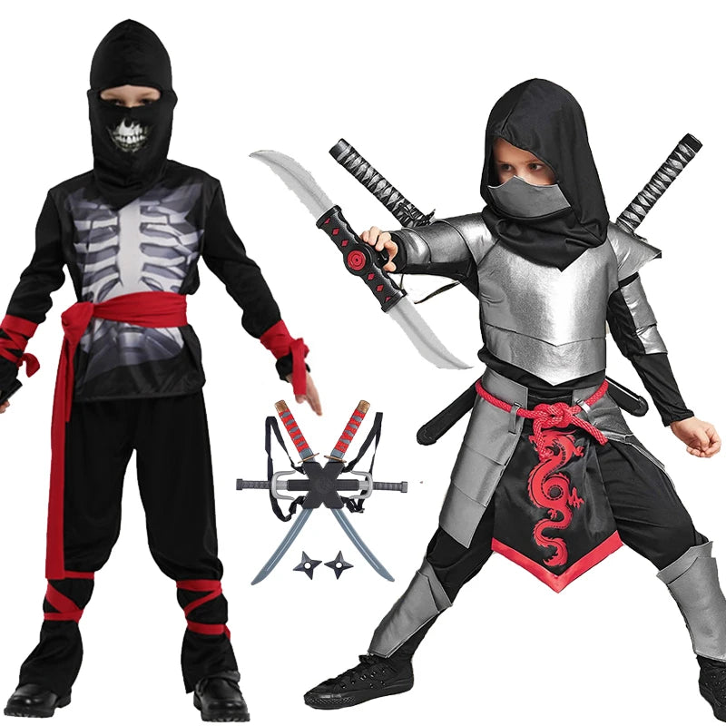 Jungen Schwarzes Skelett Totenkopf Ninja Kostüm Shinobi Schwert Katana Rucksack Set Kinder Silber Drachen Ninja Halloween Kostüm