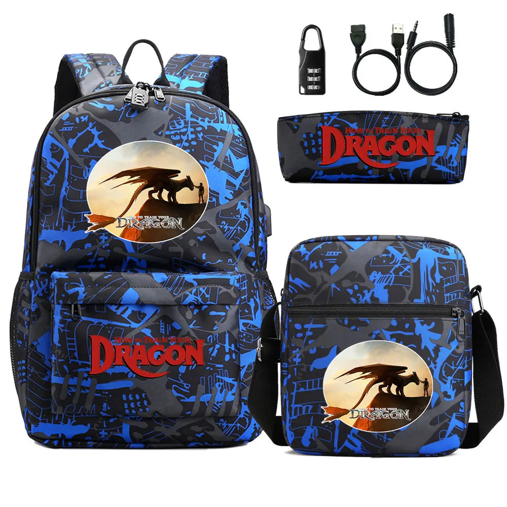 How to Train Your Dragon 3Pcs USB Anti-theft Lock Boy Girl Kids Back To School Book Bags Travel Backpack Shoulder Bag Pen Bags