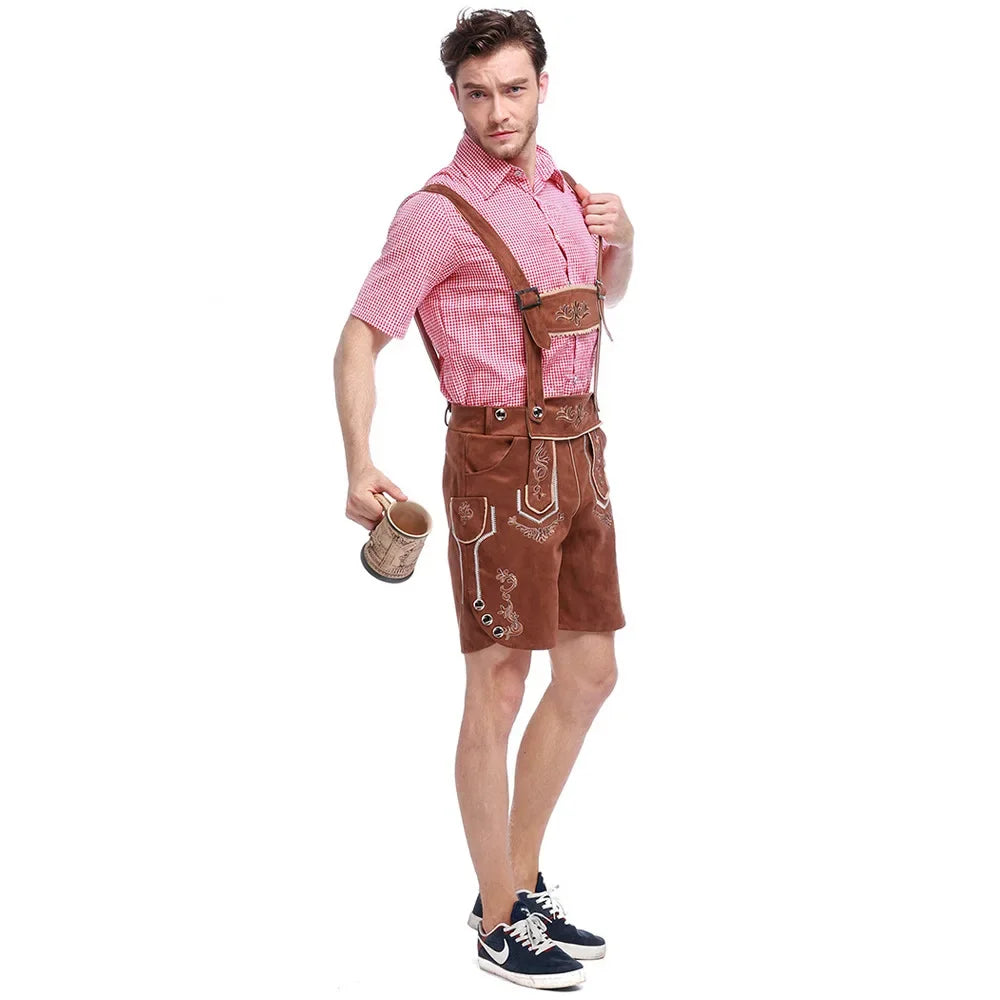 Männliches deutsches Oktoberfest-Lederhosen-Kostüm, kurzärmelig, Hosenträger, Strampler, Hemd, Hut, bayerisches Bierfest, Herren-Cosplay-Outfit