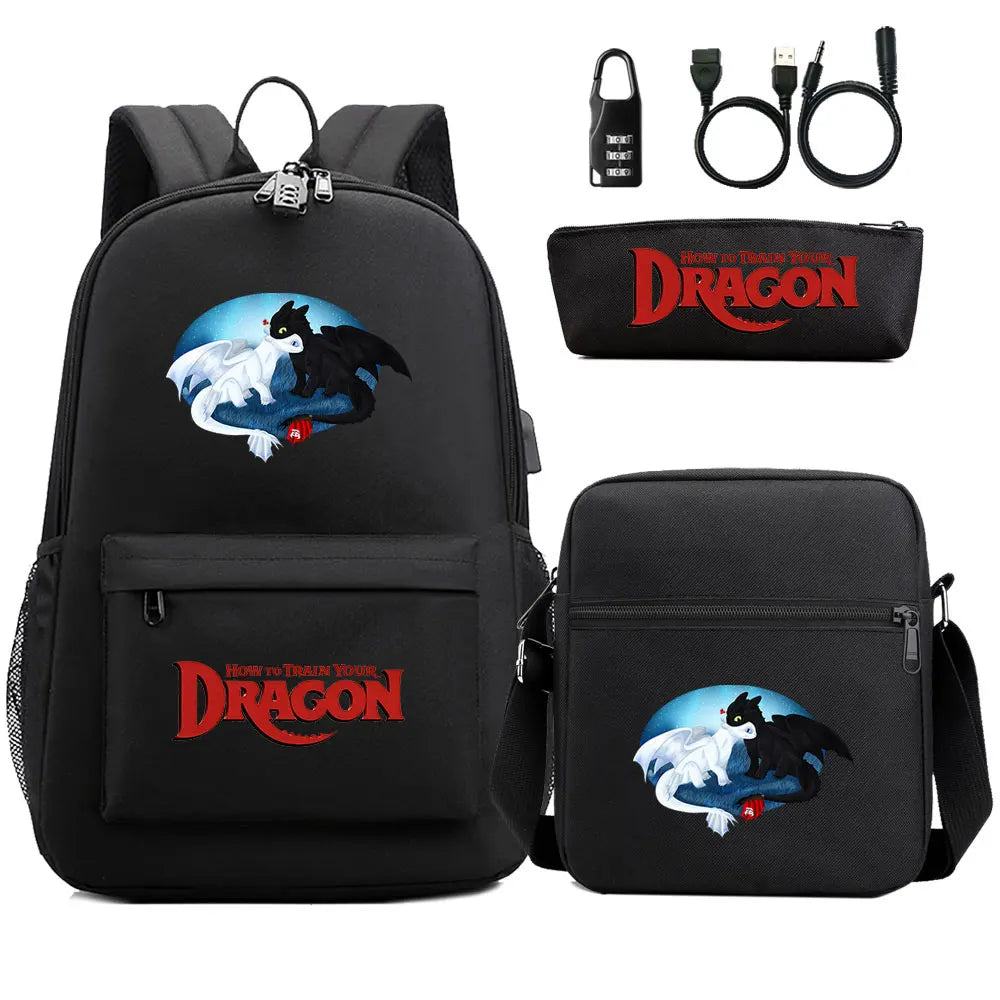 How to Train Your Dragon 3Pcs USB Anti-theft Lock Boy Girl Kids Back To School Book Bags Travel Backpack Shoulder Bag Pen Bags