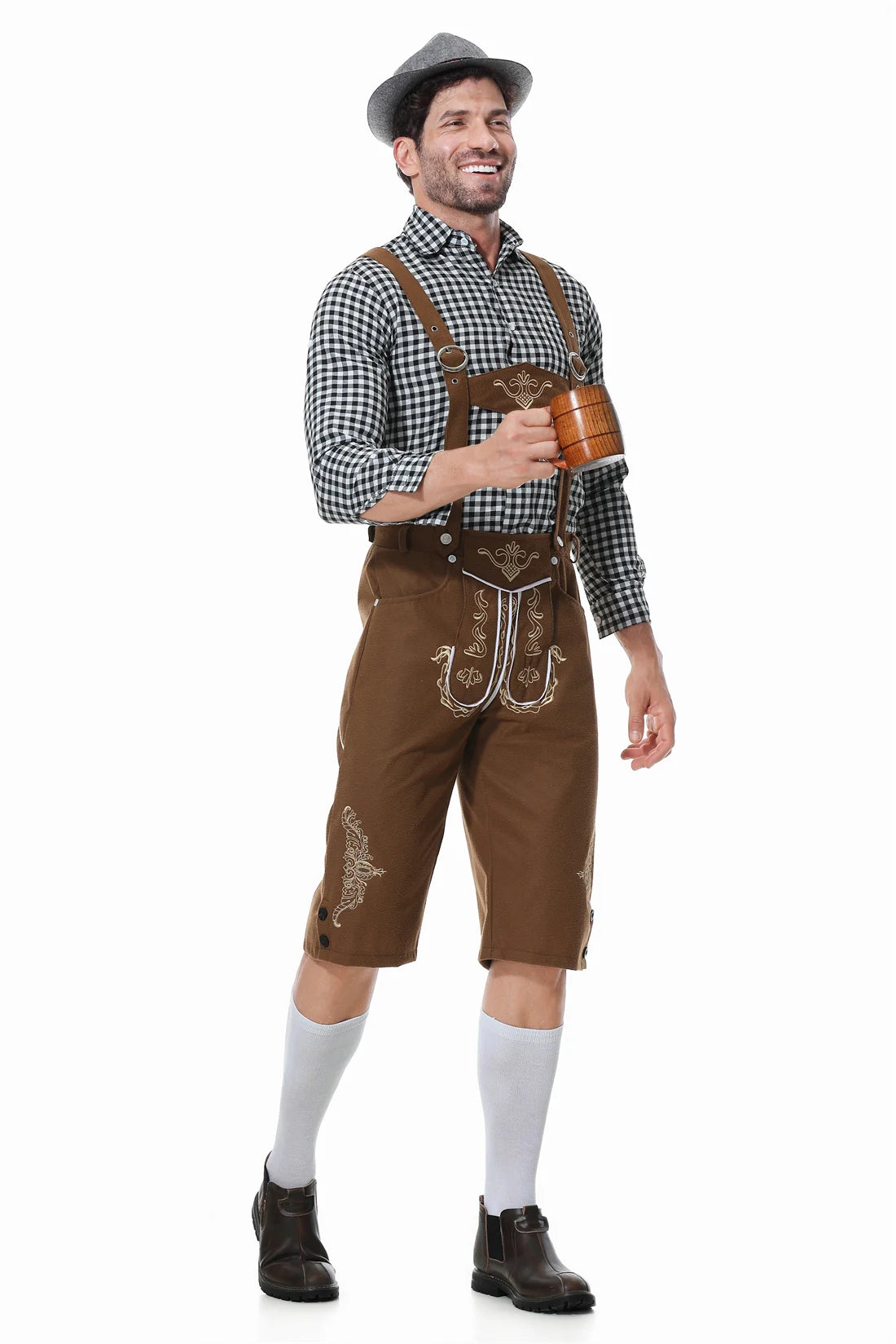 M-XXL Herren Oktoberfest Lederhosen Kostüm Langarm Hosenträger Strampler Hemd Hut Deutsches Bayerisches Bierfest Cosplay Outfit