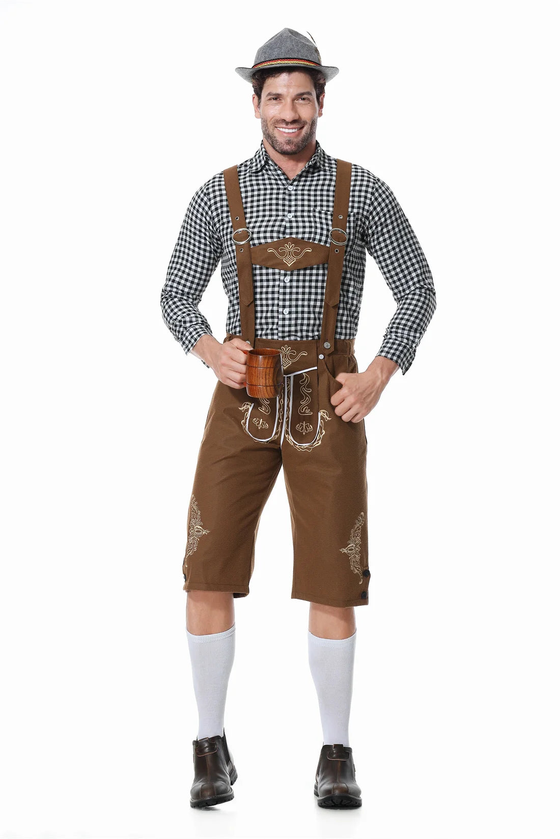 M-XXL Herren Oktoberfest Lederhosen Kostüm Langarm Hosenträger Strampler Hemd Hut Deutsches Bayerisches Bierfest Cosplay Outfit