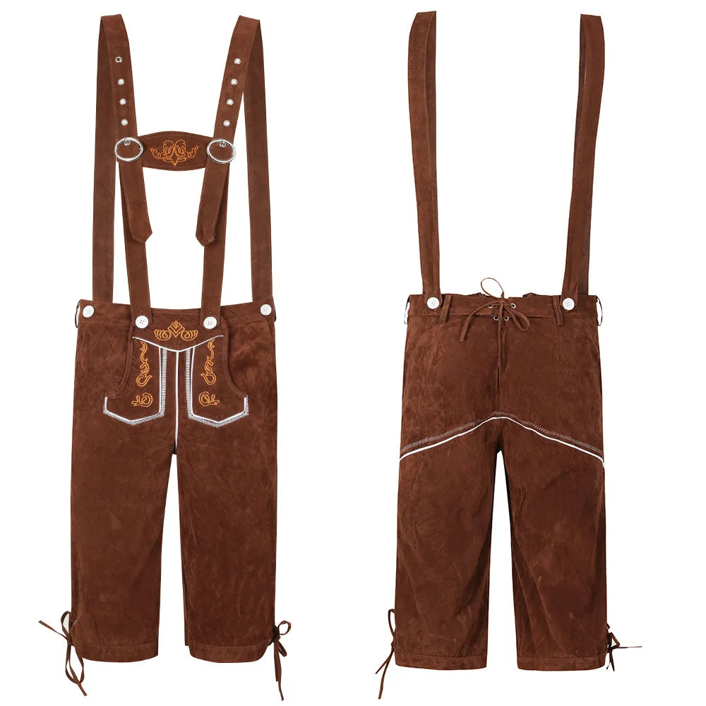 VIP FASHION Deutsches Oktoberfest-Kostüm-Outfit Bayerische Lederhosen-Hosenträger für Herren Braun Schwarz Verstellbare Shorts mittlerer Länge