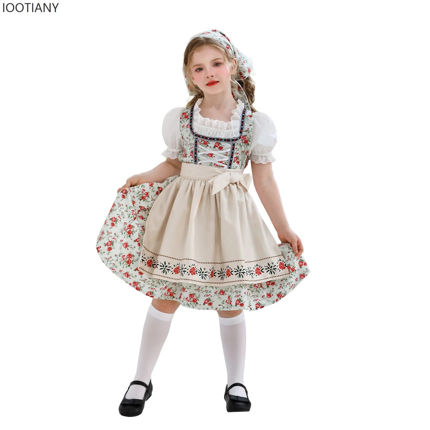 IOOTIANY Deutsches Münchner Oktoberfest Kinder Mädchen Blume Rüschen Spitze Lolita Pastoral Kleid Dienstmädchen Cosplay Performance Kostüm Set