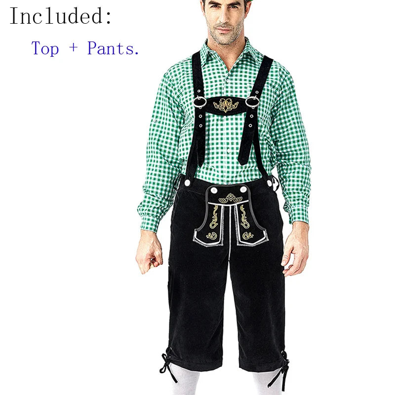 Männer Karneval Oktoberfest Kostüm Kariertes Hemd Lederhosen Outfit Cosplay Halloween Parade Bühnenshow Phantasie Partykleid