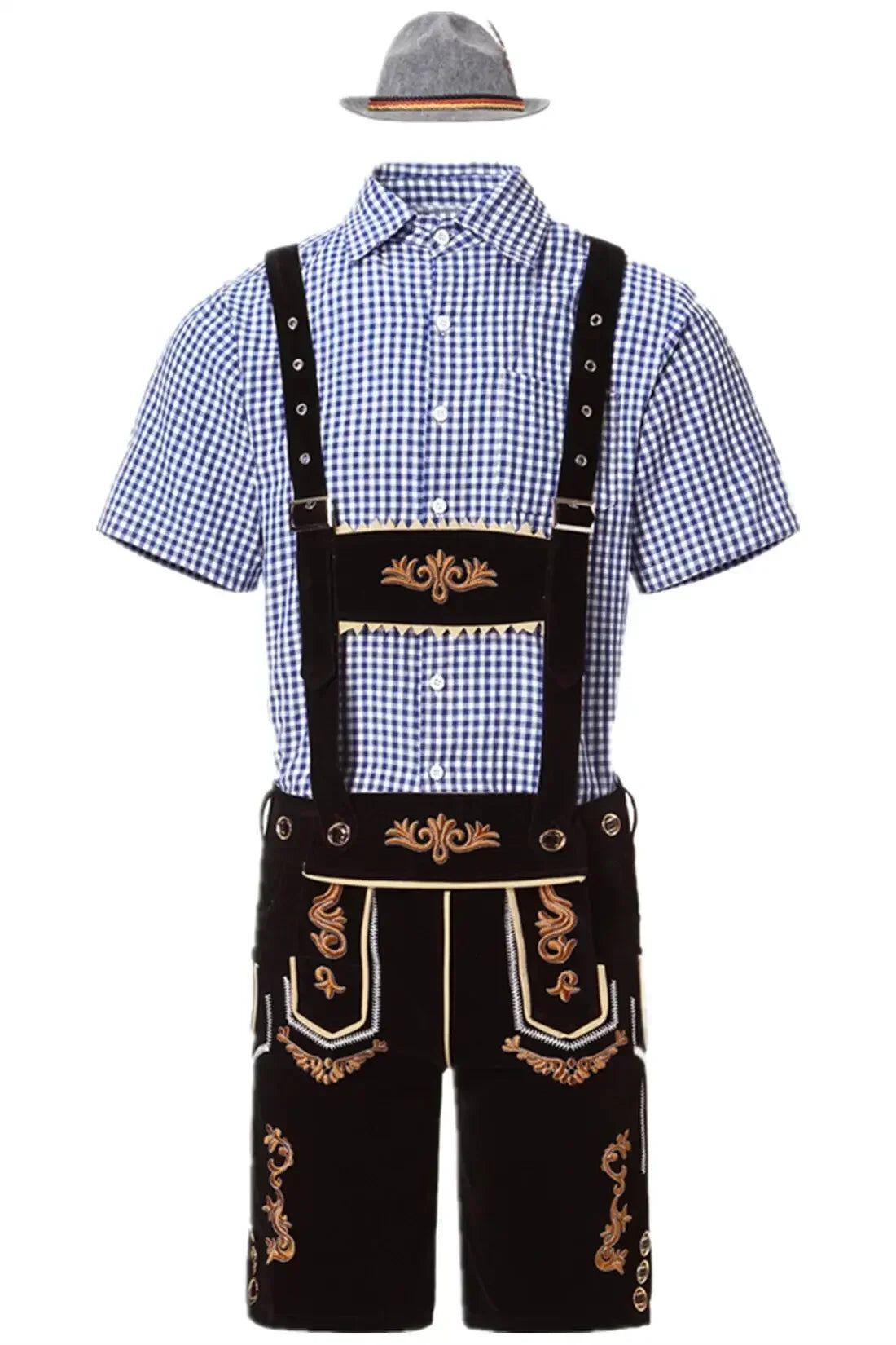 Männliches deutsches Oktoberfest-Lederhosen-Kostüm, kurzärmelig, Hosenträger, Strampler, Hemd, Hut, bayerisches Bierfest, Herren-Cosplay-Outfit