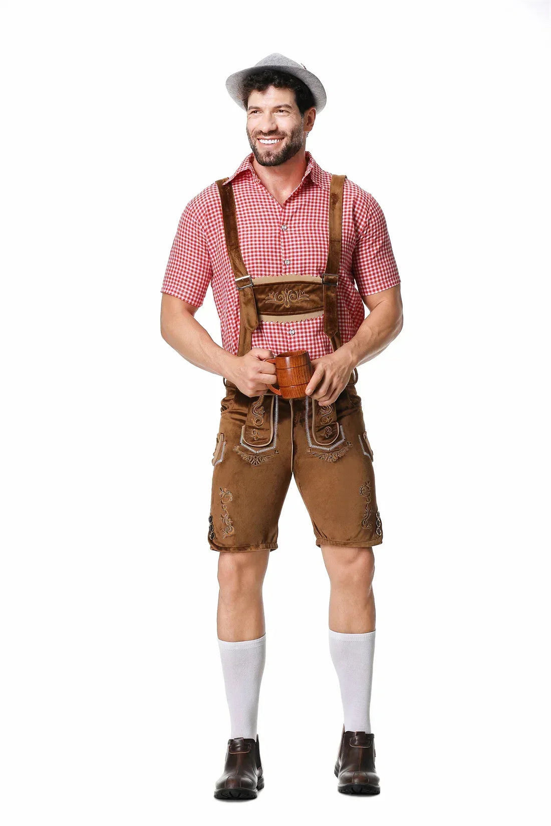 Männliches deutsches Oktoberfest-Lederhosen-Kostüm, kurzärmelig, Hosenträger, Strampler, Hemd, Hut, bayerisches Bierfest, Herren-Cosplay-Outfit