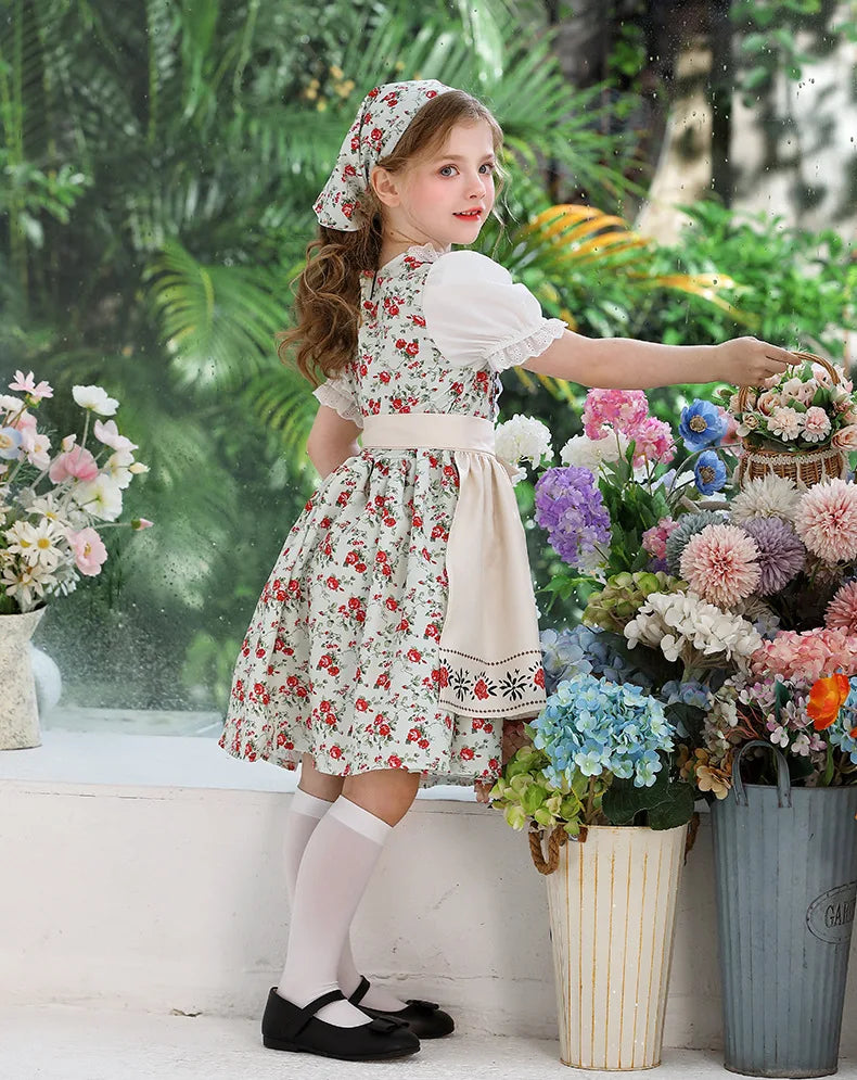 IOOTIANY Deutsches Münchner Oktoberfest Kinder Mädchen Blume Rüschen Spitze Lolita Pastoral Kleid Dienstmädchen Cosplay Performance Kostüm Set