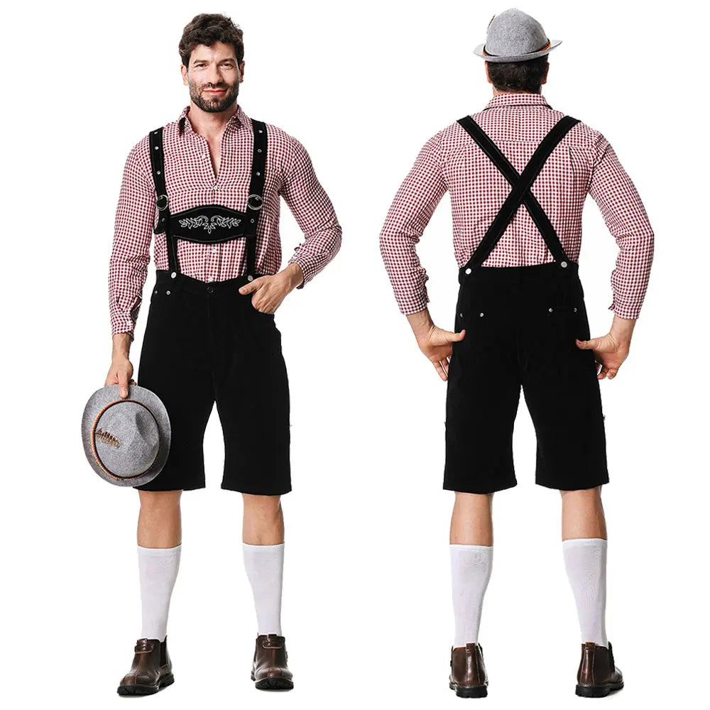 Dreiteiliges Set Oktoberfest Lederhosen Kostüm für Herren Bayerische Deutsche Bierfeste Hosenträger Hemd Hut Cosplay Bier Outfits