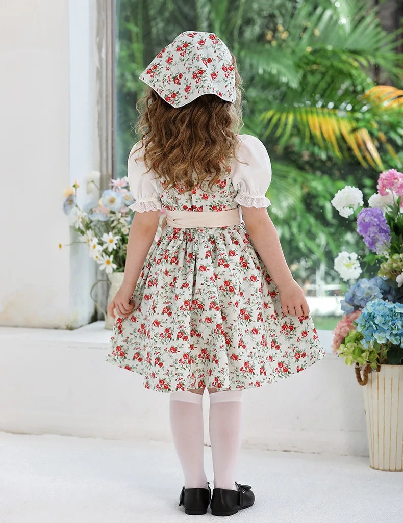 IOOTIANY Deutsches Münchner Oktoberfest Kinder Mädchen Blume Rüschen Spitze Lolita Pastoral Kleid Dienstmädchen Cosplay Performance Kostüm Set