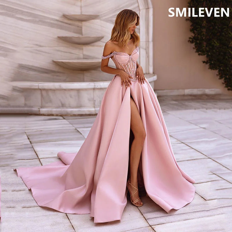 Smileven A-Linie Rosa Ballkleid Schulterfrei Rückenfrei Partykleider Herzförmiger Ausschnitt Formales Abendkleid Maßgeschneidert 2024