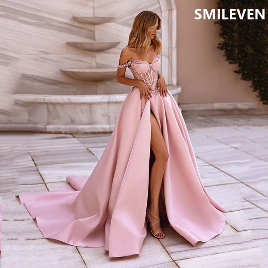 Smileven A-Linie Rosa Ballkleid Schulterfrei Rückenfrei Partykleider Herzförmiger Ausschnitt Formales Abendkleid Maßgeschneidert 2024