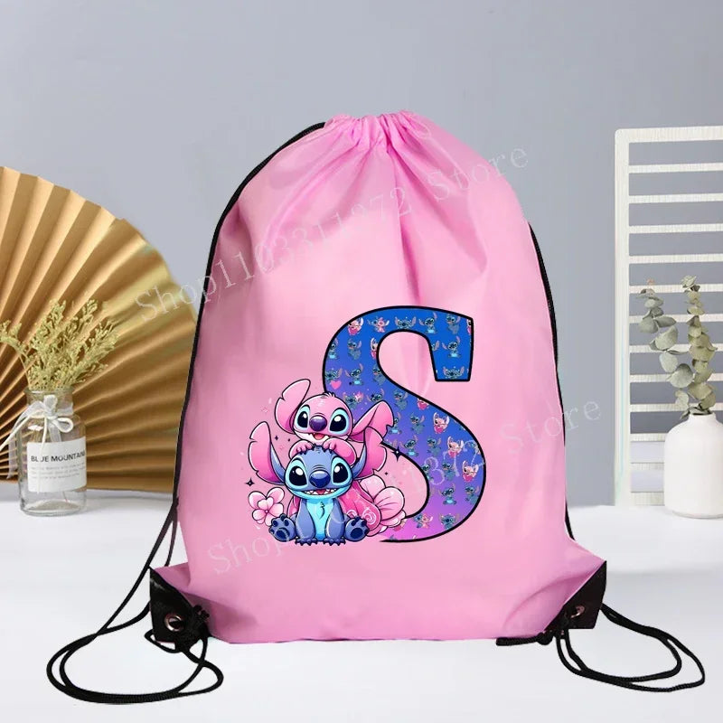 Disney Stitch Drawstring Bag Letter A-Z Printed Girl Kids Adult Gym PE Kit Sack Dance Portable Waterproof Light Travel Pouch Bag