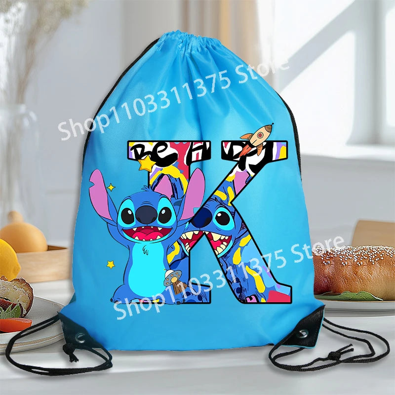 Stitch Disney Waterproof Drawstring Bag Letter A-Z Cartoon Shoes Underwear Travel Sport Bags Nylon Clothes Packing Backpack Gift