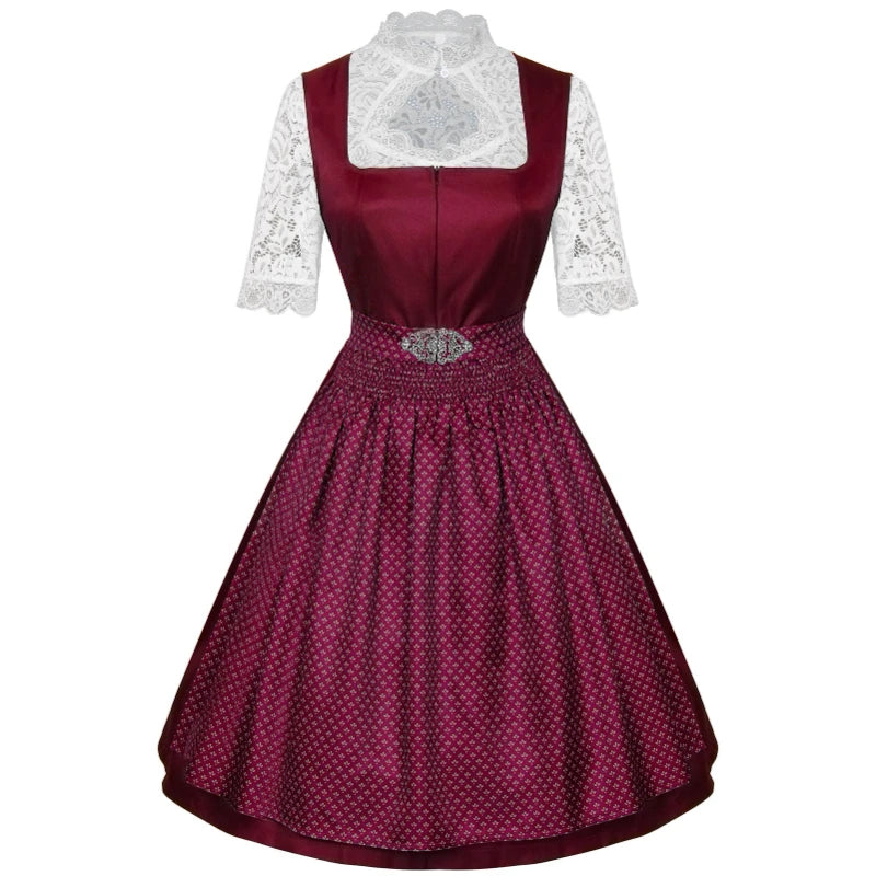 2025 Cosplay Kleid für Frauen Midi Rot Kostüm Kleid Oktoberfest Bier Maid Frauen Dirndl Kleid mit Spitze Schürze Mode Halloween
