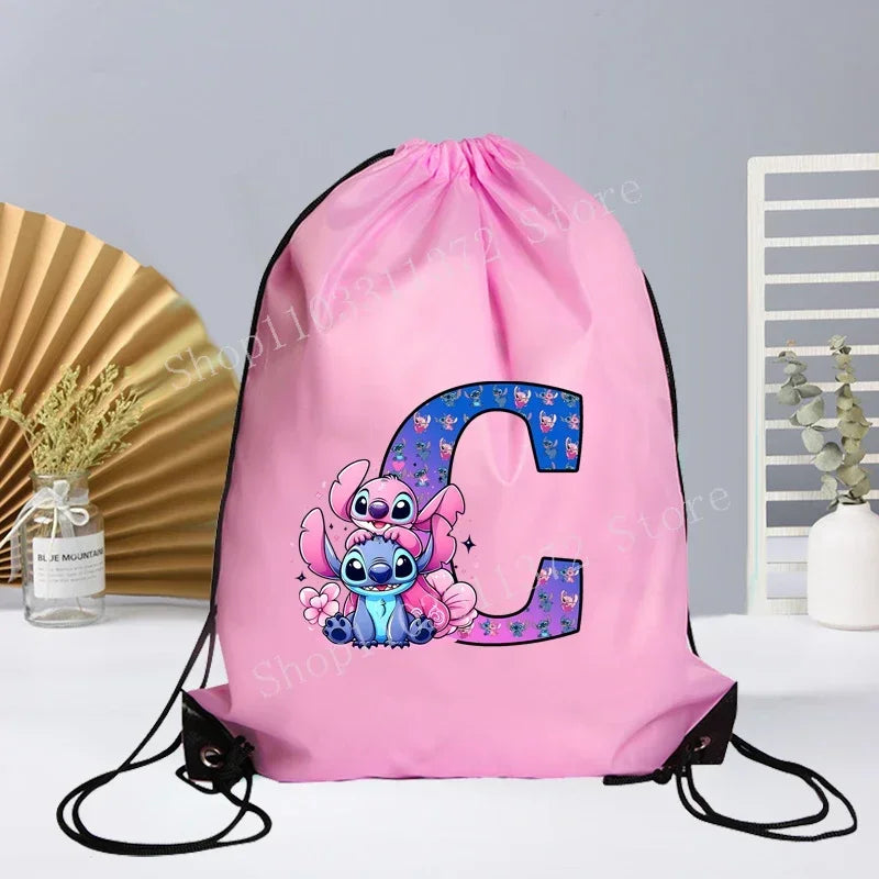 Disney Stitch Drawstring Bag Letter A-Z Printed Girl Kids Adult Gym PE Kit Sack Dance Portable Waterproof Light Travel Pouch Bag