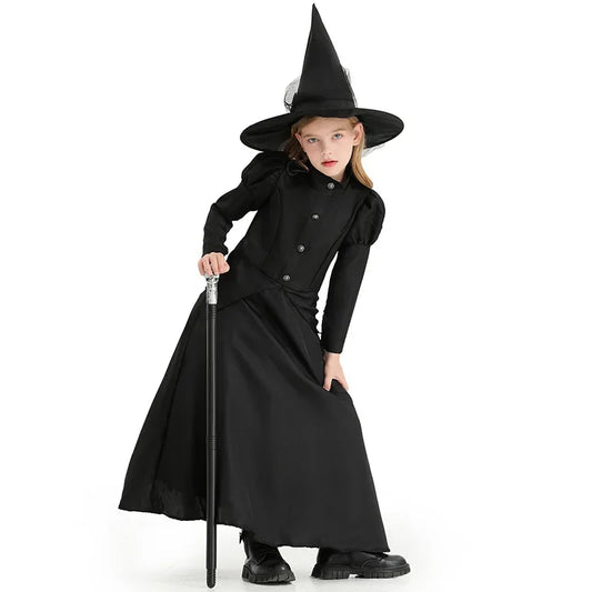 Halloween-Zauberer-Cosplay-Kostüm für Kinder und Erwachsene, Halloween-Kostüm für Damen, Deluxe, böse Hexe, schwarzes Kleid in voller Länge