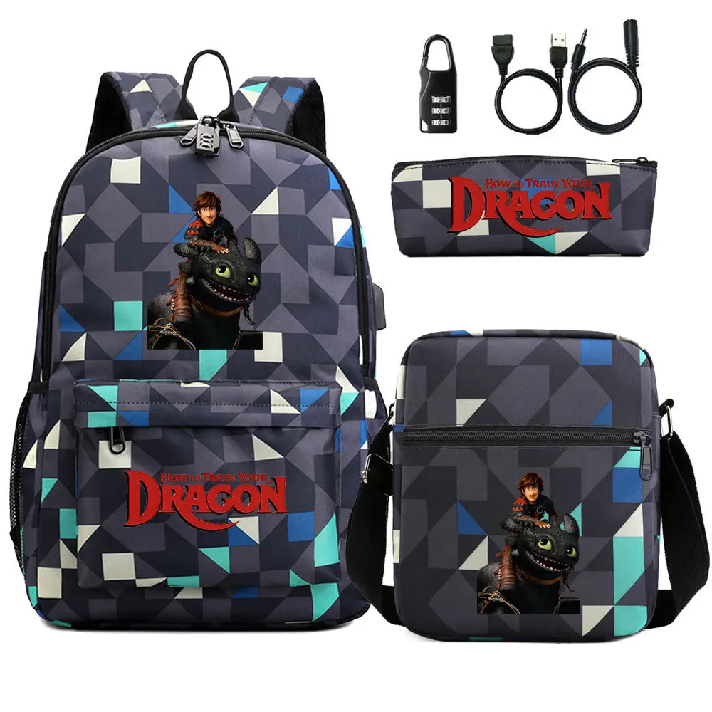 How to Train Your Dragon 3Pcs USB Anti-theft Lock Boy Girl Kids Back To School Book Bags Travel Backpack Shoulder Bag Pen Bags