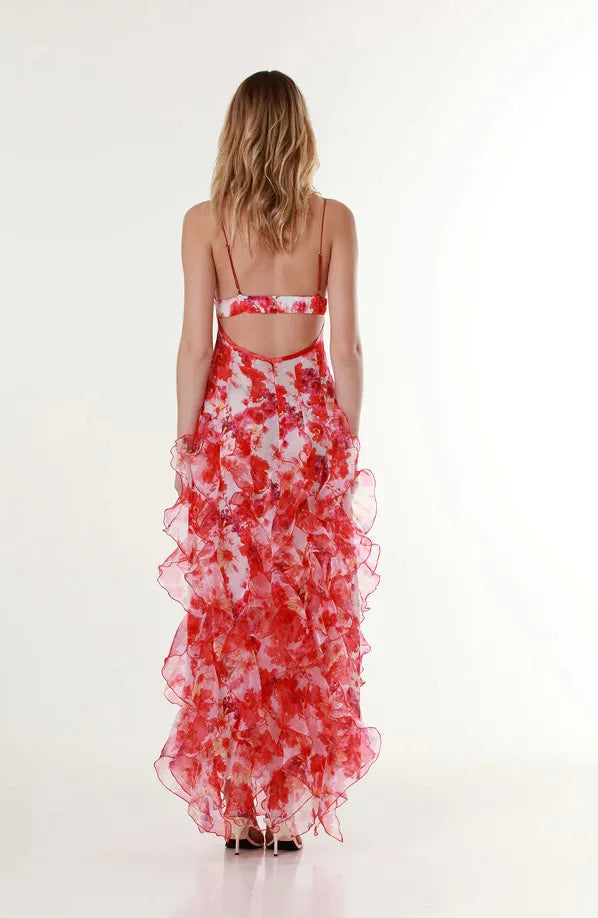 Damen 2025 Schulterfreies Abendkleid aus Organza, langes Abendkleid mit Blumendruck, fließendes A-Linien-Ball-Maxi-Sommerkleid