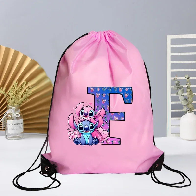 Disney Stitch Drawstring Bag Letter A-Z Printed Girl Kids Adult Gym PE Kit Sack Dance Portable Waterproof Light Travel Pouch Bag