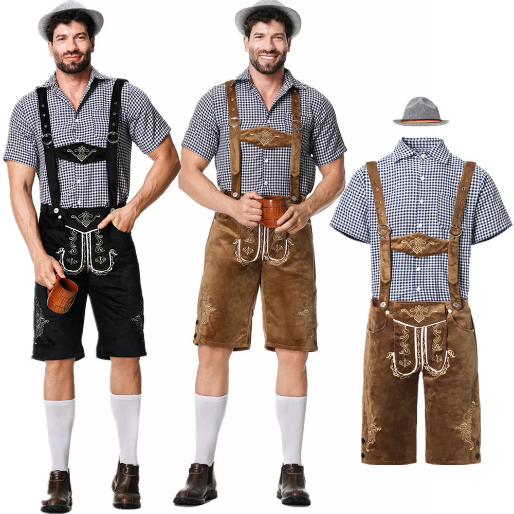 M-XXL Deutsches Oktoberfest Lederhosen Kostüm Kurzarm Kariertes Hemd Hosenträger Hut Set Bierfest Männlich Cosplay Halloween