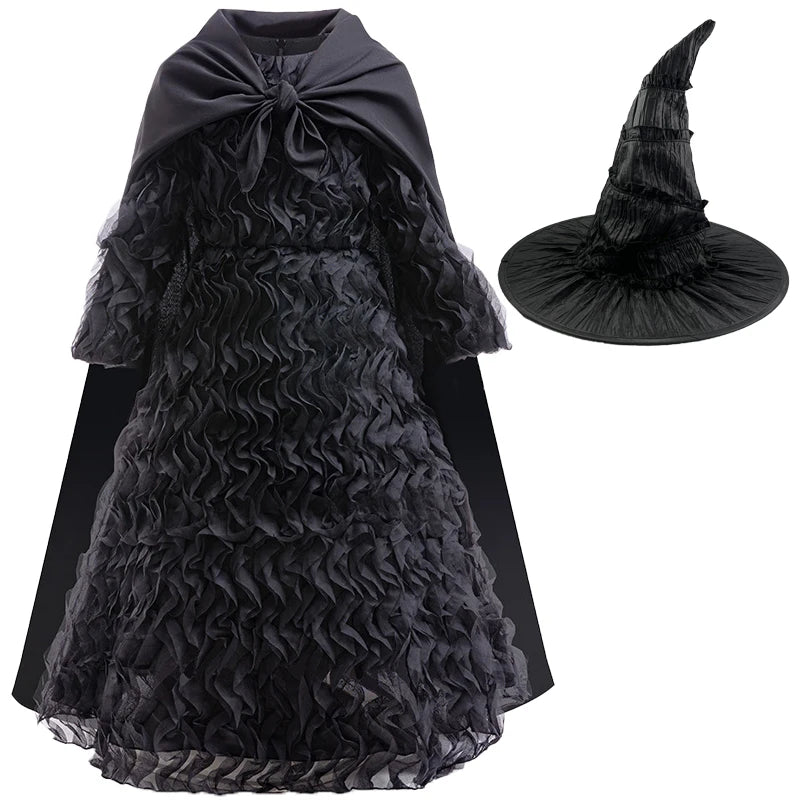 Neues böses Elphaba-Kleid, Halloween-Kostüm, Mädchen, Cosplay, Film, gleiches Kleid, 4–12 Jahre alt, schwarzes Kleid + Hut