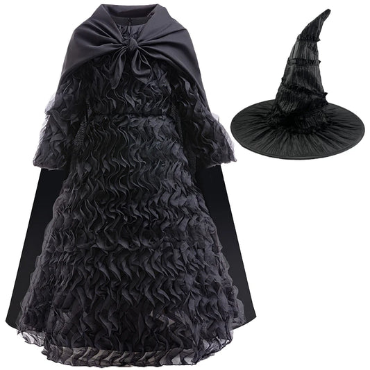 Neues böses Elphaba-Kleid, Halloween-Kostüm, Mädchen, Cosplay, Film, gleiches Kleid, 4–12 Jahre alt, schwarzes Kleid + Hut