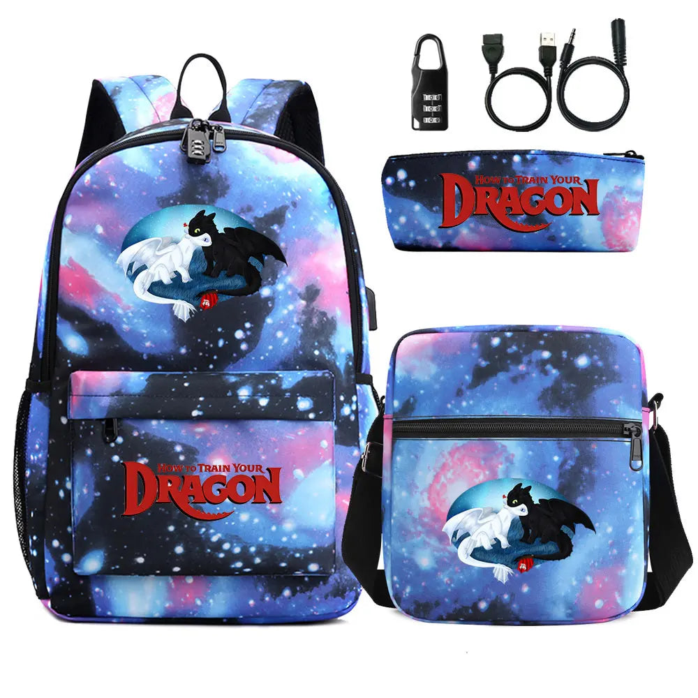 How to Train Your Dragon 3Pcs USB Anti-theft Lock Boy Girl Kids Back To School Book Bags Travel Backpack Shoulder Bag Pen Bags