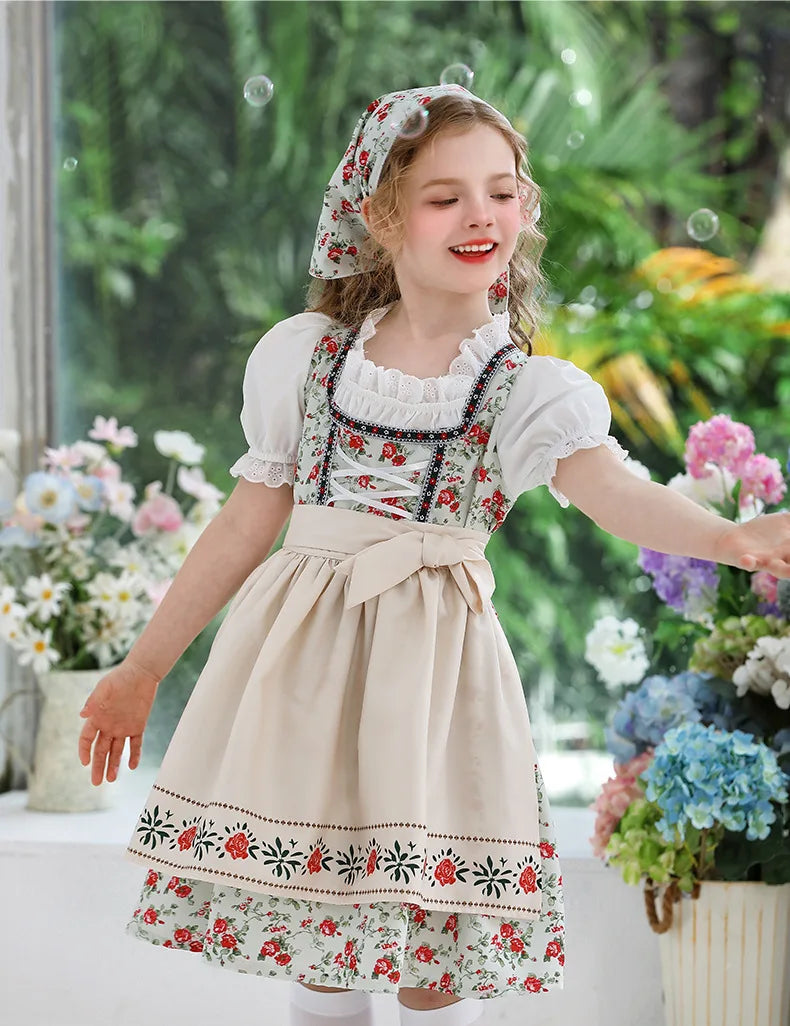 IOOTIANY Deutsches Münchner Oktoberfest Kinder Mädchen Blume Rüschen Spitze Lolita Pastoral Kleid Dienstmädchen Cosplay Performance Kostüm Set