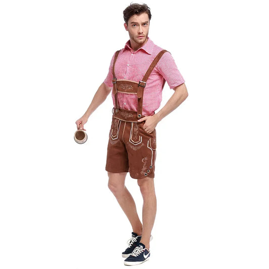 Männliches deutsches Oktoberfest-Lederhosen-Kostüm, kurzärmelig, Hosenträger, Strampler, Hemd, Hut, bayerisches Bierfest, Herren-Cosplay-Outfit