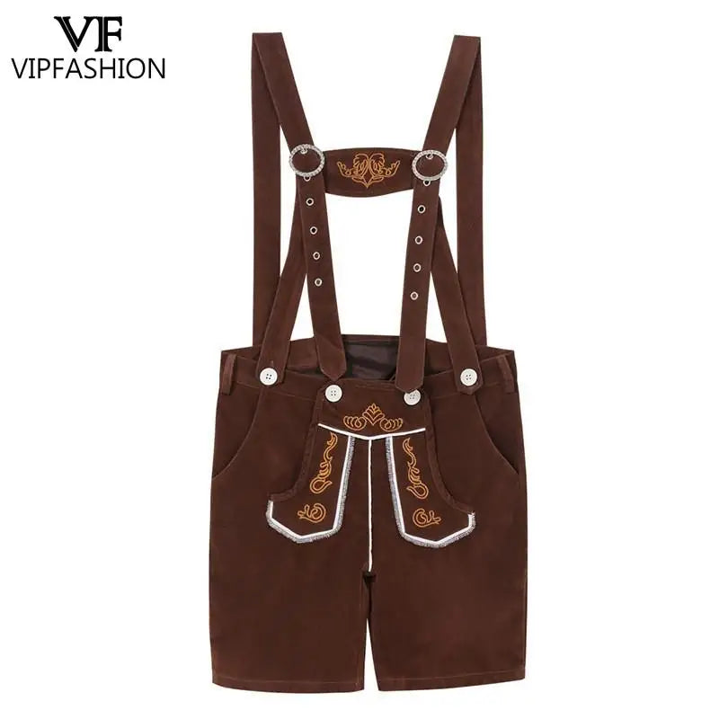 VIP FASHION Deutsches Oktoberfest-Kostüm-Outfit Bayerische Lederhosen-Hosenträger für Herren Braun Schwarz Verstellbare Shorts mittlerer Länge