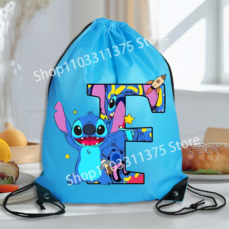 Stitch Disney Waterproof Drawstring Bag Letter A-Z Cartoon Shoes Underwear Travel Sport Bags Nylon Clothes Packing Backpack Gift