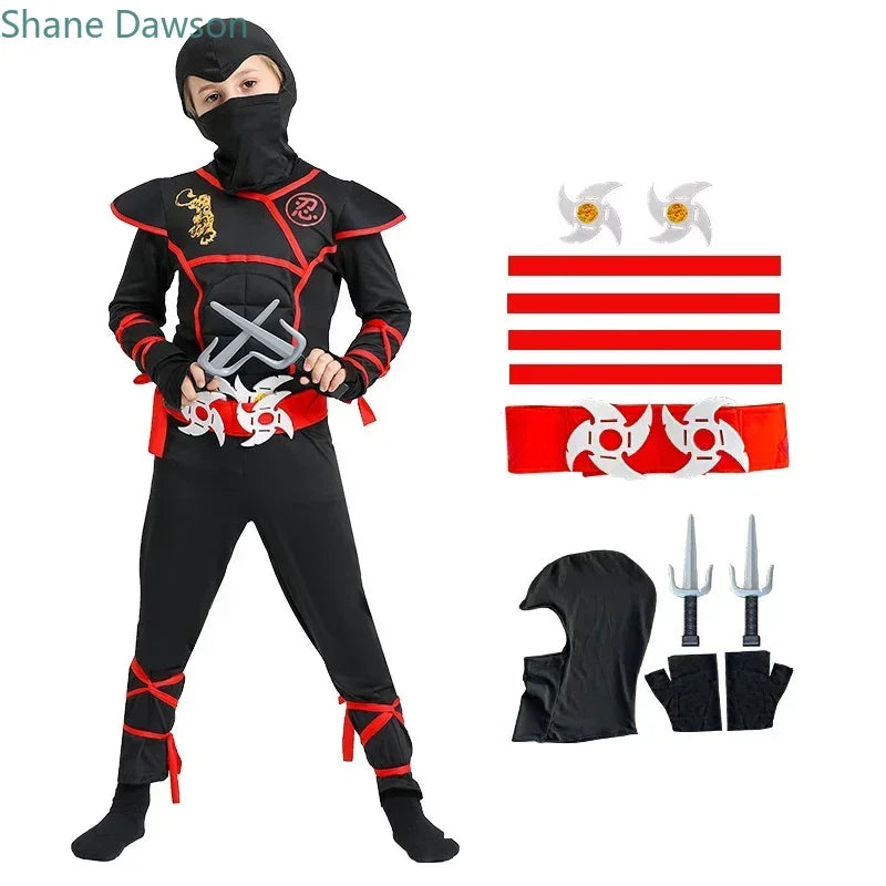 Jungen Mädchen Ninja Cosplay Kostüm für Kinder Anime Samurai Kostüm Kung Fu Dragon Ninja Overall Mit Waffe Outfit Party Halloween