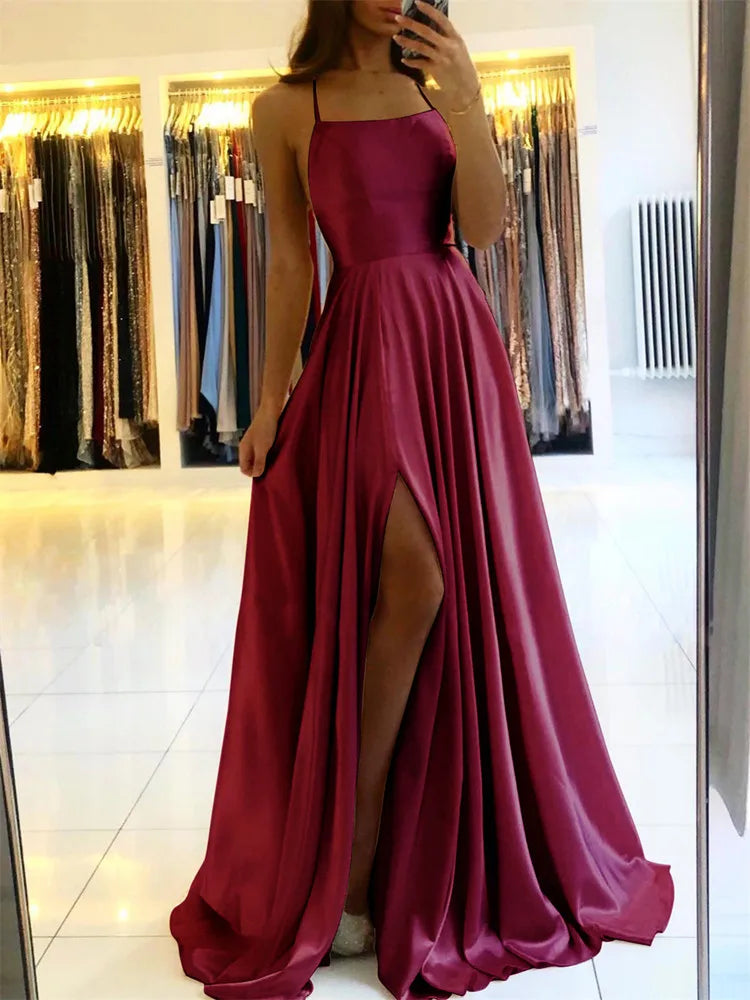 Burgunderrotes Satin-Strand-Maxikleid für Damen für Weihnachten, sexy Seitenschlitz, verstellbare Träger, Abendkleid, Ballkleid, Brautjungfernkleider